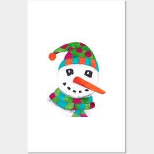 Happy snowman with knitted winterhat in watercolors Posters and Art